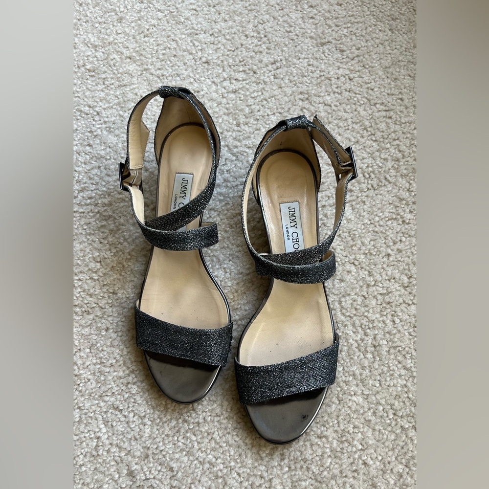 Jimmy Choo Black/ Grey Glitter Two-Strap Sandals with Ankle Buckle